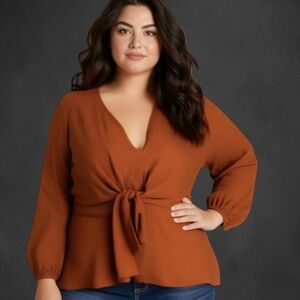Forever 21 Brown V-Neck Knot Front Blouse Long Sleeve Top 0X